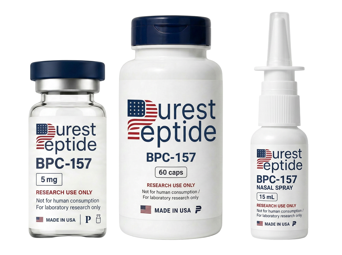 Purest Peptide BPC-157 - injection vial, capsules, and nasal spray, research use only, made in USA